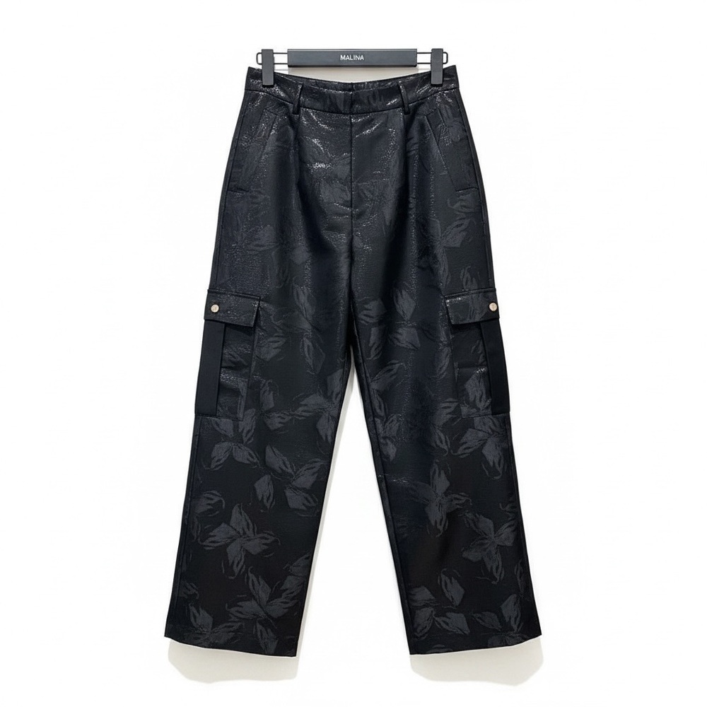 Scandinavian design black textured cropped ankle wide leg formal floral pants